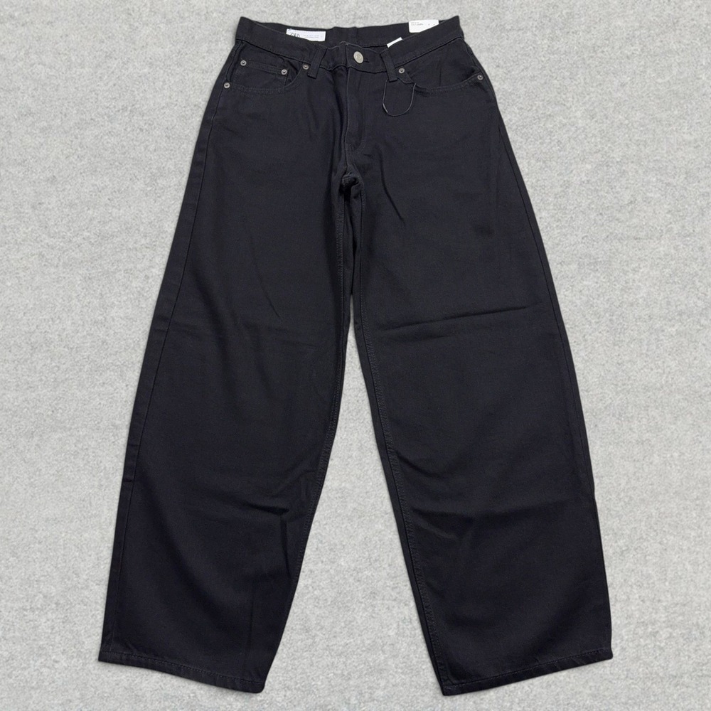 Zara Mini Balloon Jeans Womens 6 Black Mid Rise Wide Leg Cotton Lyocell Baggy
